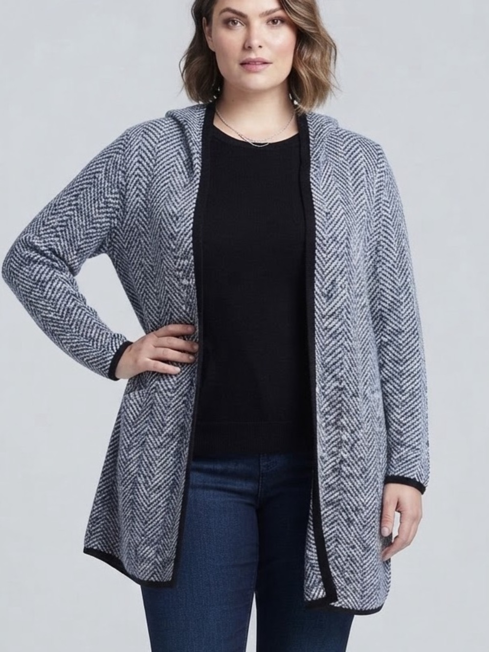 RICKI’S Black and White Herringbone Open Front Cardigan with Hood XXL